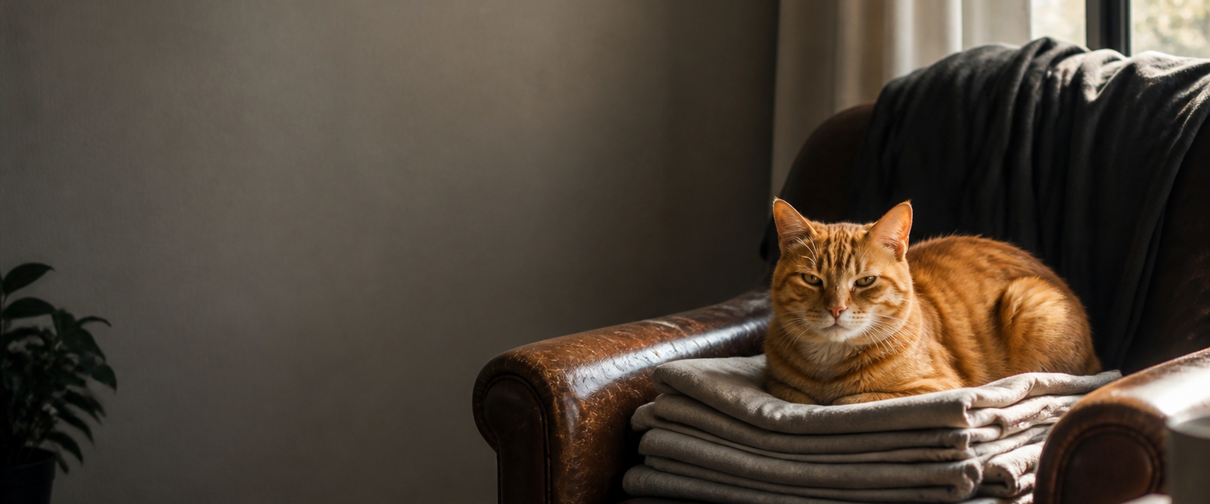 Orange tabby sitting on folded blankets in a leather chair